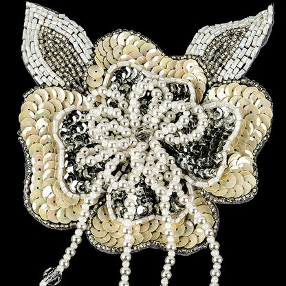 Vintage Golden Iris and Pearl, Silver Sequins and Beaded 3D Floral Applique with Crystal Bead Center - 6.625" x 4.25" Detail