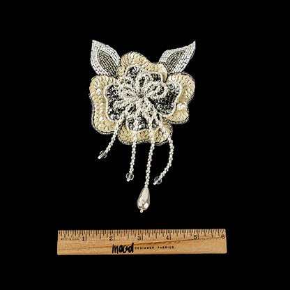 Vintage Golden Iris and Pearl, Silver Sequins and Beaded 3D Floral Applique with Crystal Bead Center - 6.625" x 4.25" Full