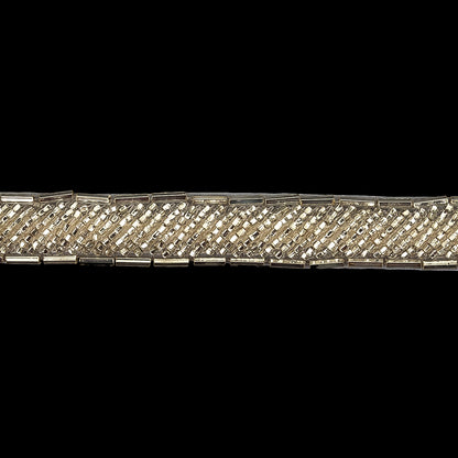 Vintage Fancy Off-White and Silver Bugle Beaded Trim - 0.625" Detail