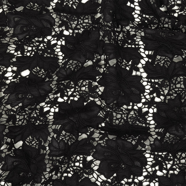 Famous Australian Designer Black Floral Guipure Lace with Scalloped Edges