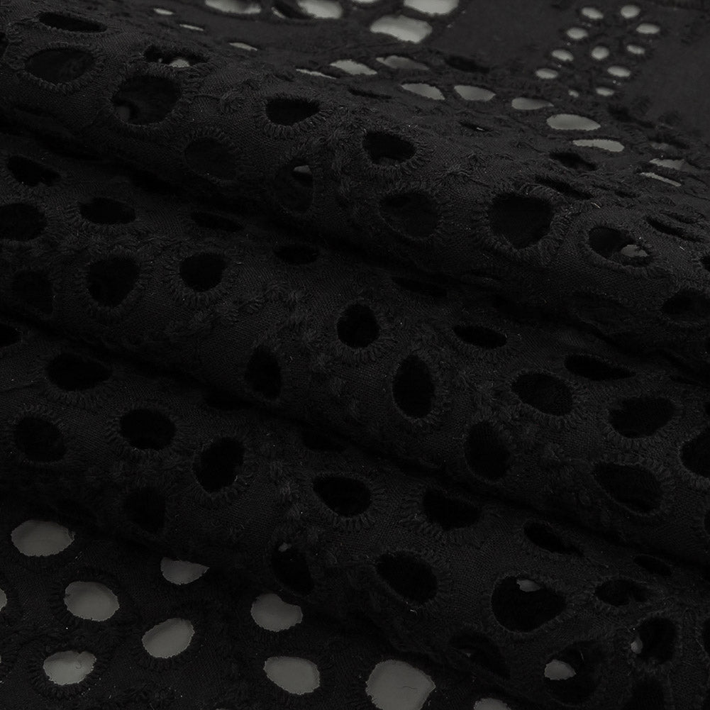 Famous Australian Designer Black Scalloped Embroidered Cotton Eyelet with Scalloped Edges Folded