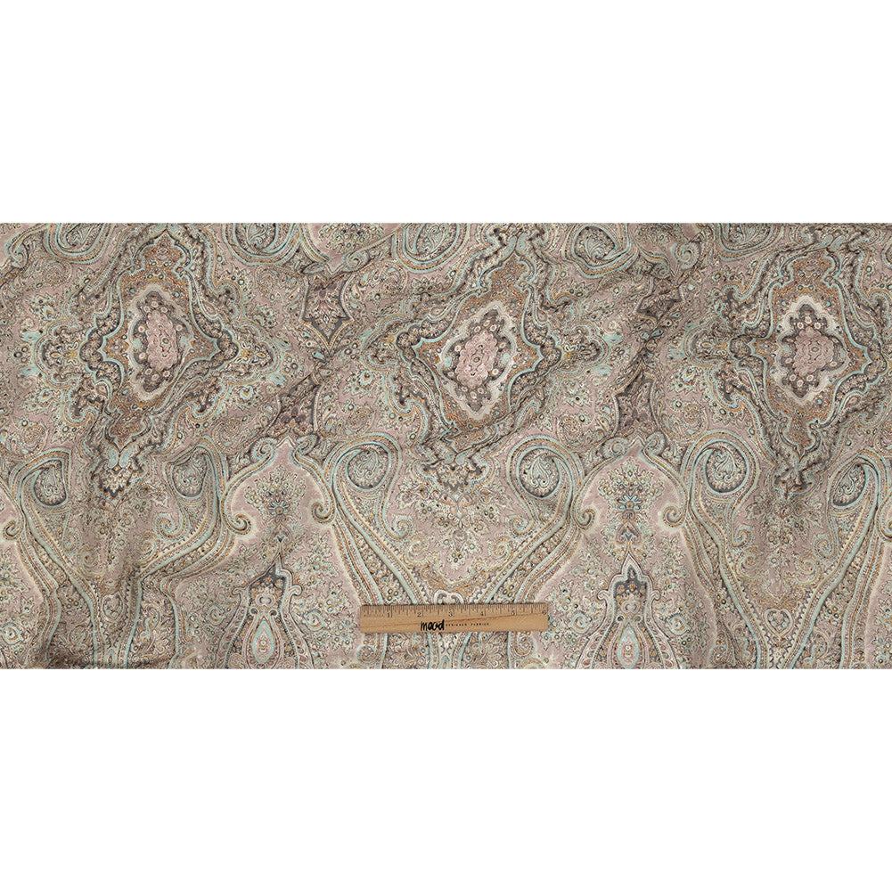 Famous Australian Designer Lotus, Gamboge and Baby Blue Paisley Printed Silk Georgette with Satin Polka Dots Folded