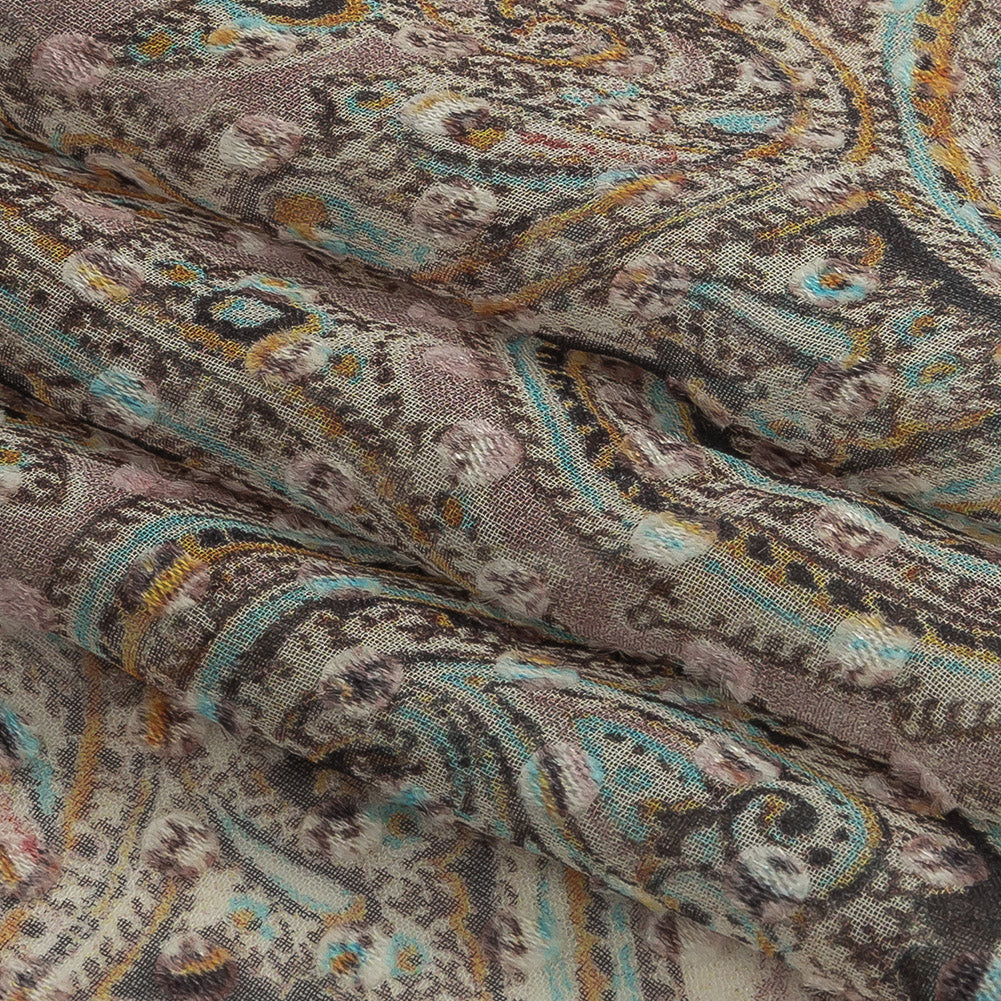 Famous Australian Designer Lotus, Gamboge and Baby Blue Paisley Printed Silk Georgette with Satin Polka Dots Detail