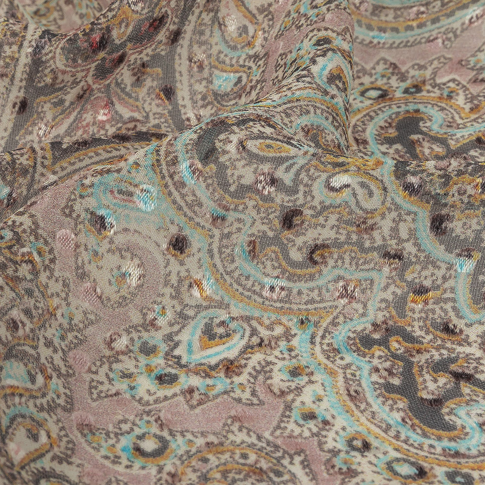 Famous Australian Designer Lotus, Gamboge and Baby Blue Paisley Printed Silk Georgette with Satin Polka Dots Full