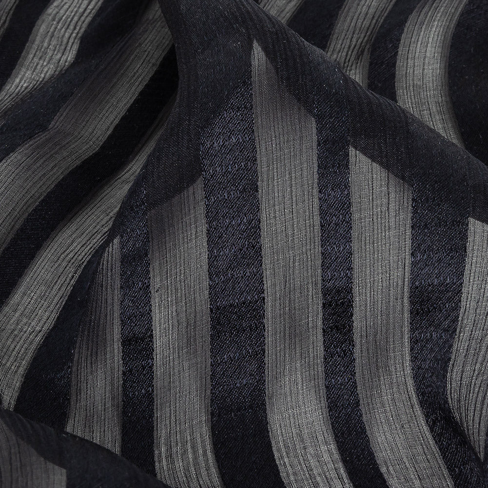 Famous Australian Designer French Navy Crinkled Silk Chiffon with Twill Stripes Detail