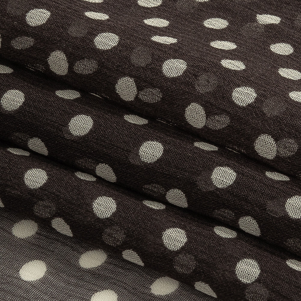 Famous Australian Designer Charcoal and Cannoli Cream Polka Dotted Crinkled Silk Chiffon Folded