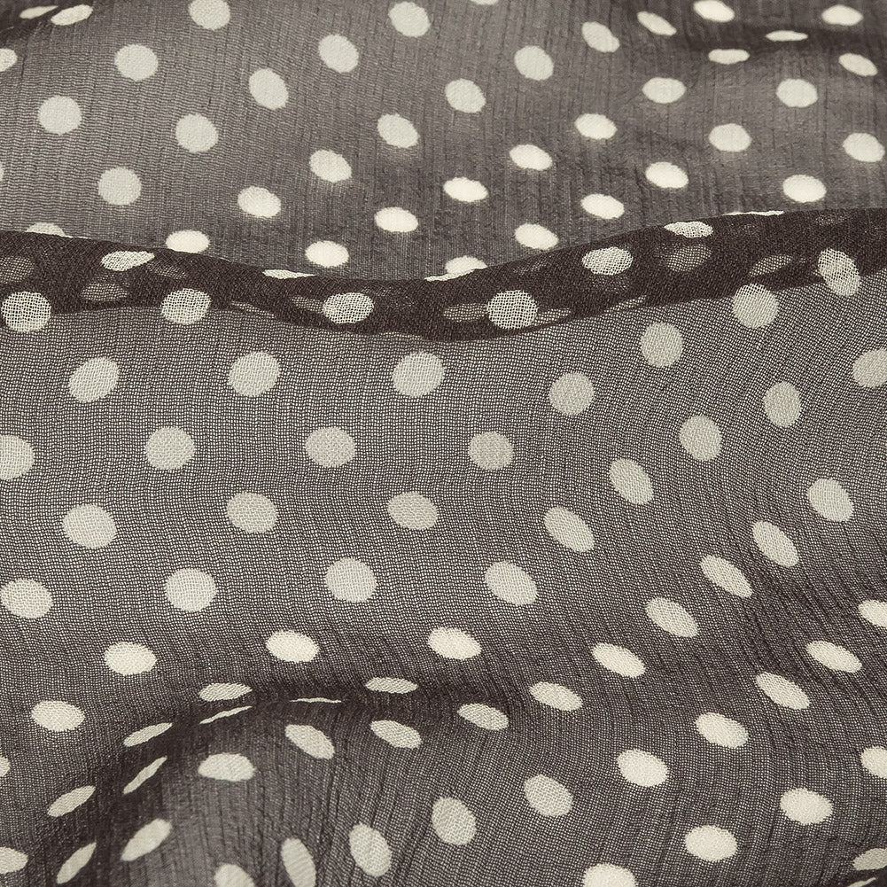 Famous Australian Designer Charcoal and Cannoli Cream Polka Dotted Crinkled Silk Chiffon Detail