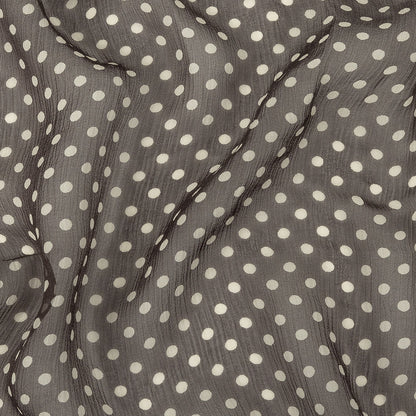 Famous Australian Designer Charcoal and Cannoli Cream Polka Dotted Crinkled Silk Chiffon