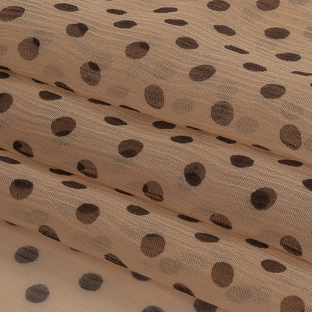 Famous Australian Designer Peach and Charcoal Polka Dotted Crinkled Silk Chiffon Folded