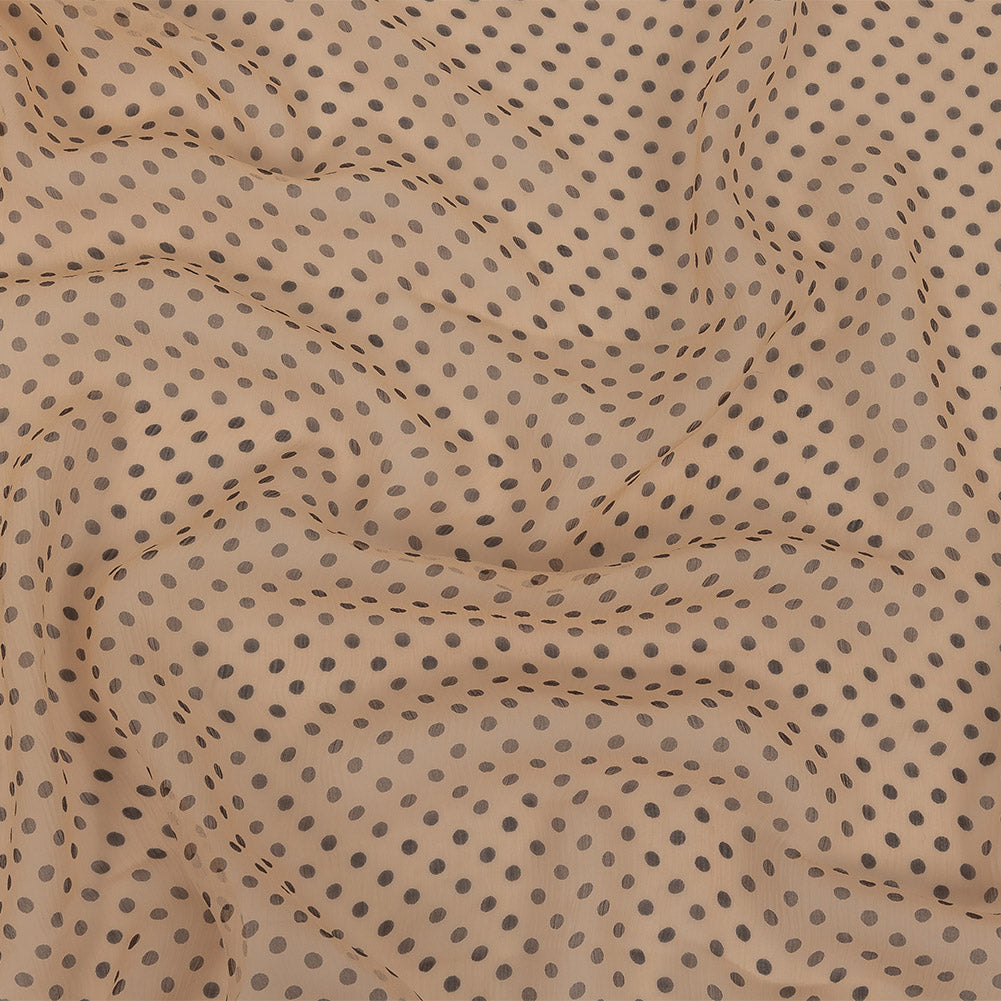 Famous Australian Designer Peach and Charcoal Polka Dotted Crinkled Silk Chiffon