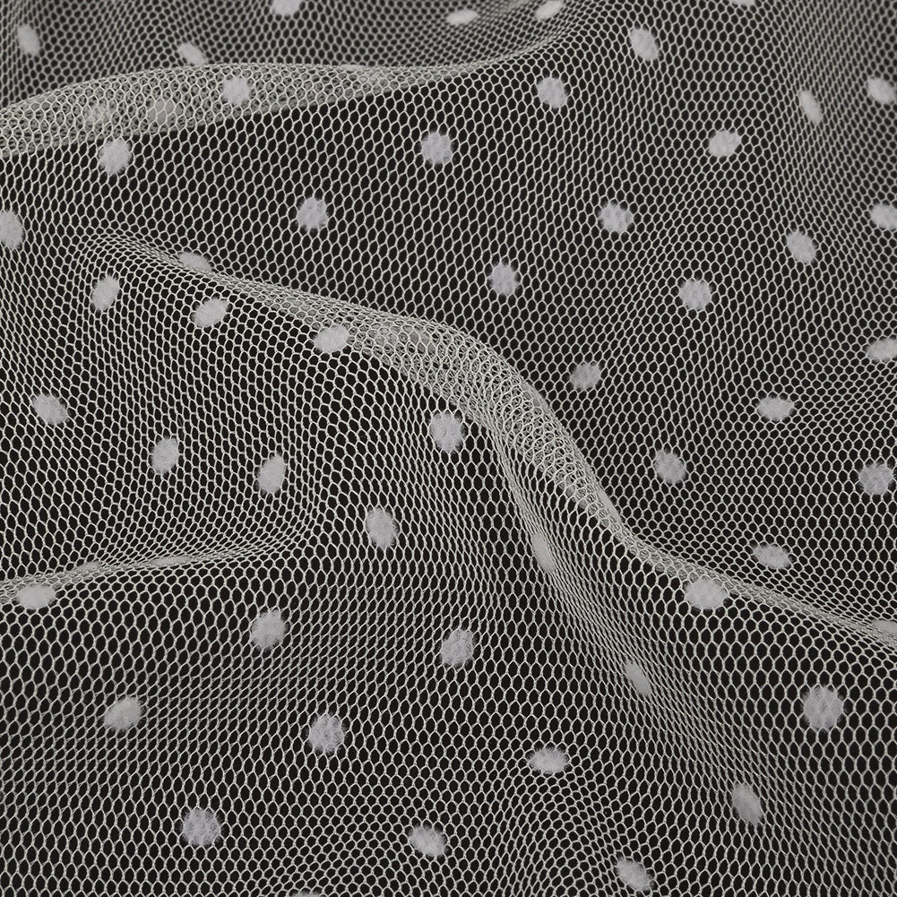 Famous Australian Designer Cream Flocked Dots Polyester Mesh Detail