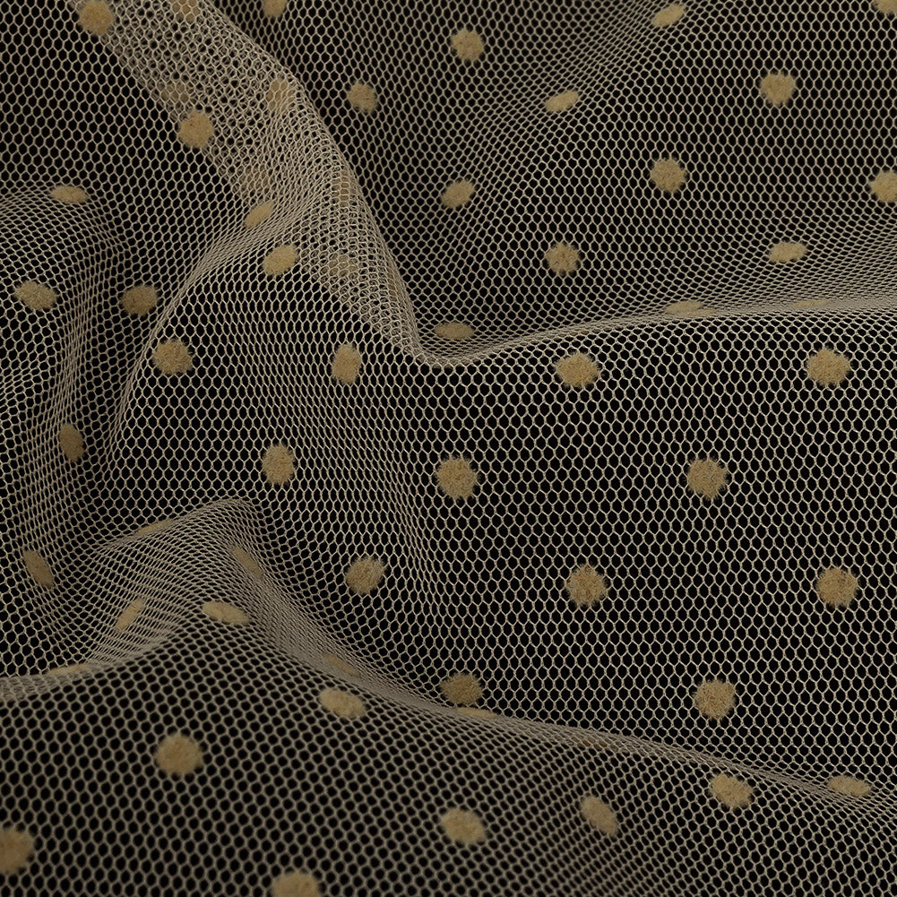 Famous Australian Designer Tea Polyester Mesh with Flocked Polka Dots Detail