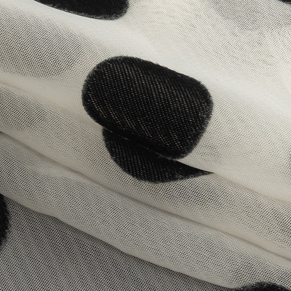 Famous Australian Designer Cloud Dancer White Polyester Chiffon with Large Black Woven Polka Dots Folded