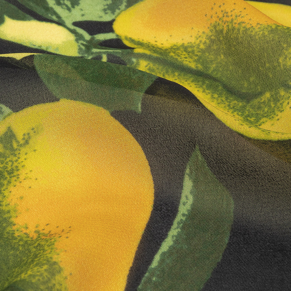 Famous NYC Designer Italian Amber and Green Pears Printed on Black Viscose Georgette Detail