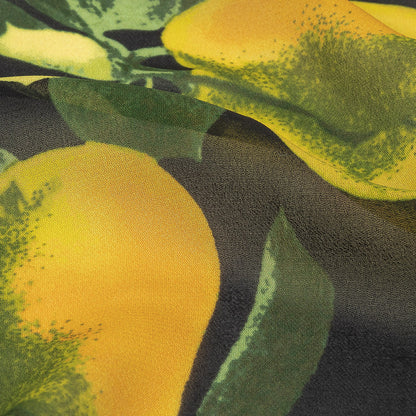 Famous NYC Designer Italian Amber and Green Pears Printed on Black Viscose Georgette Detail
