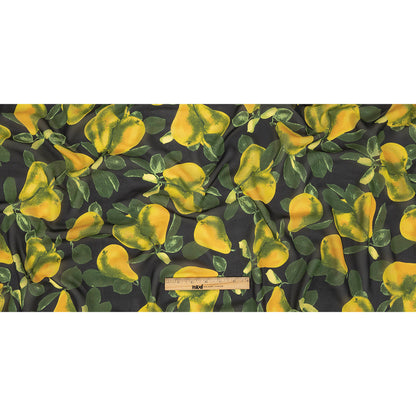 Famous NYC Designer Italian Amber and Green Pears Printed on Black Viscose Georgette Full