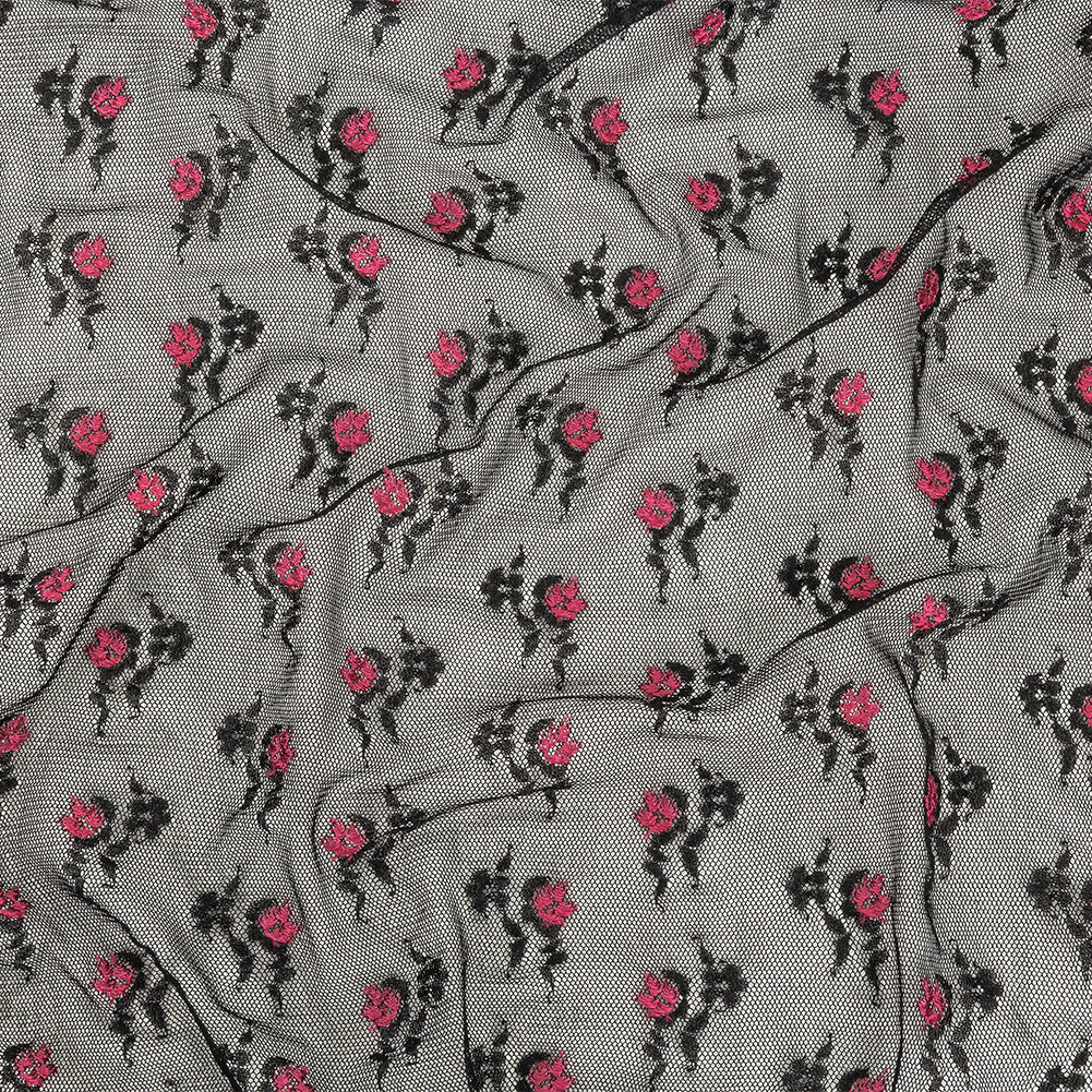 Black Stretch Mesh with Pink Embroidered Roses