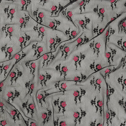 Black Stretch Mesh with Pink Embroidered Roses