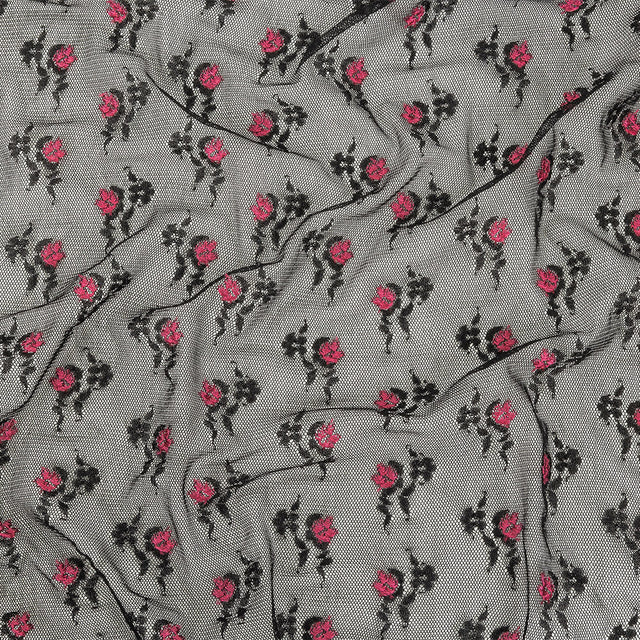 Black Stretch Mesh with Pink Embroidered Roses