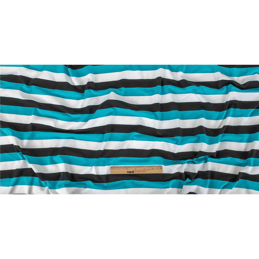 Turquoise, Black and White Awning Stripes Stretch Polyester Jersey Folded