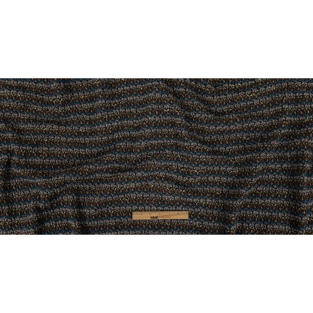 Teal, Gray and Olive Striped Chunky Wool Knit with Metallic Silver Accents Full