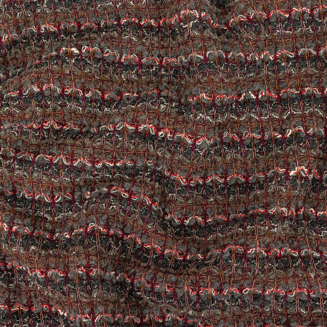 Dark Gull Gray, Golden Olive and Coral Stripes Boucled Wool Sweater Knit