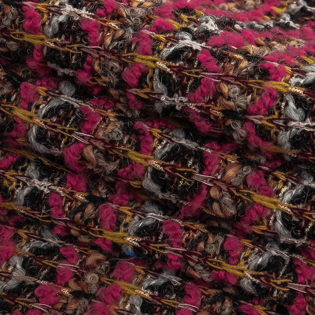 Italian Hot Pink, Gray and Mustard Stripes Wool Boucle Sweater Knit Folded