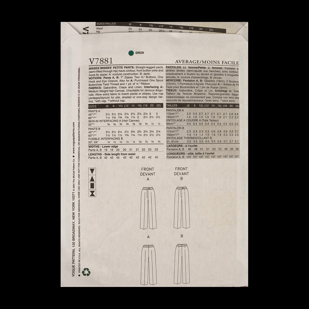Vogue Misses' Pants Pattern V7881 Sizes 6,8,10 Detail
