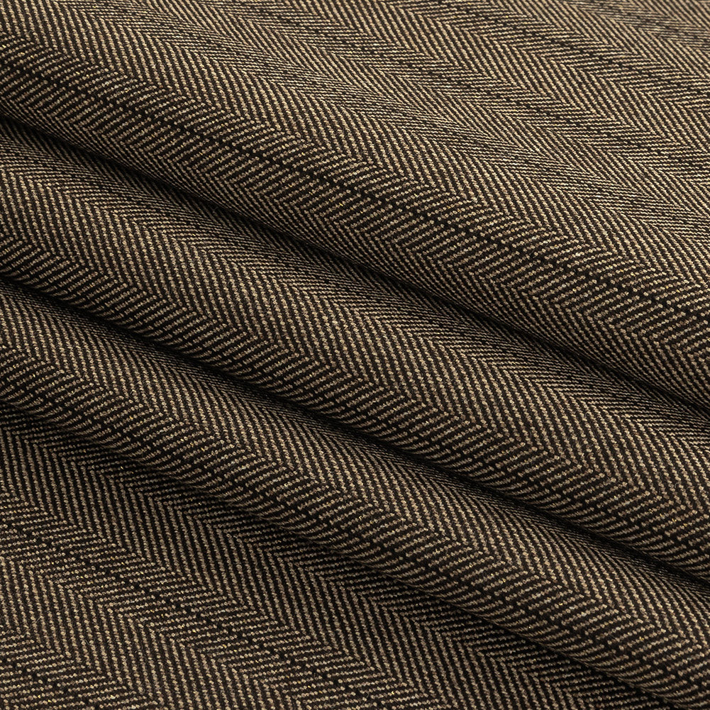 Brown and Chinchilla Metallic Herringbone Striped Polyester Suiting Folded