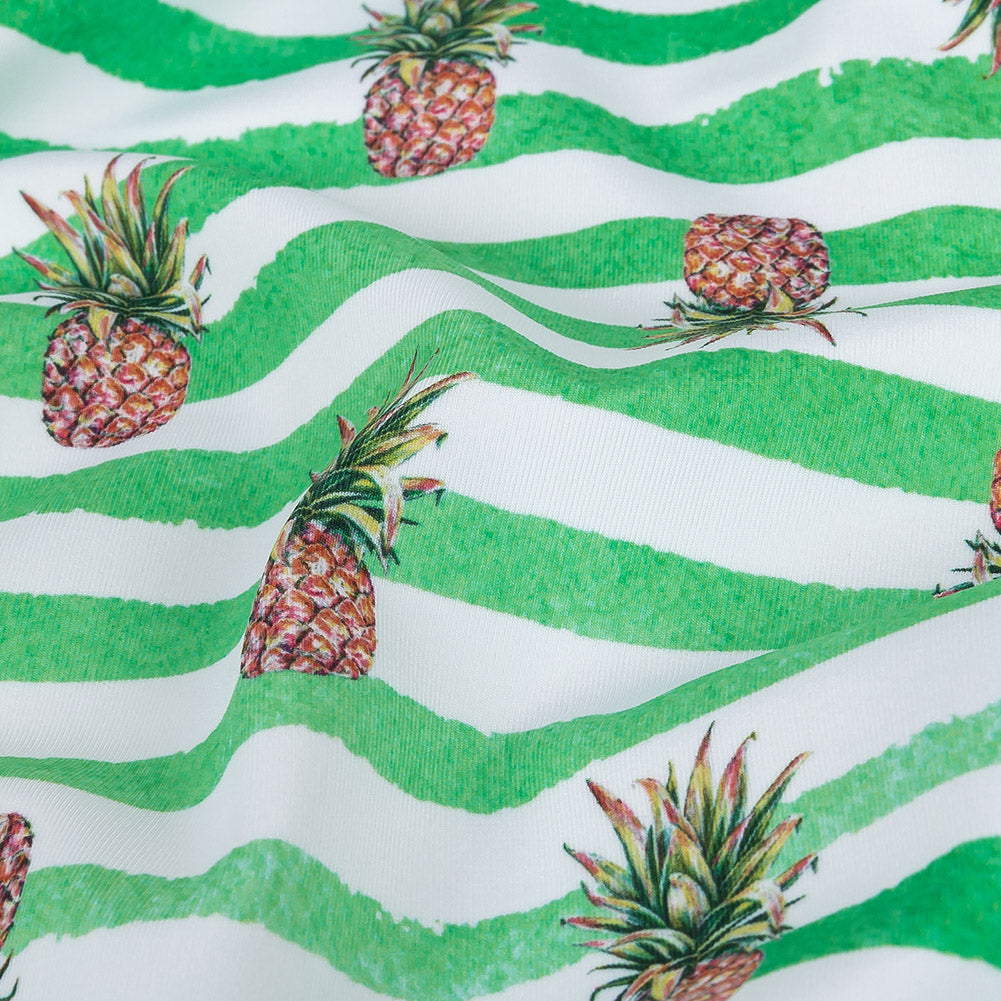 Compression Swimwear Tricot, UV Protective with Aloe Vera Microcapsules - Green and White Painted Stripes and Pineapples - Caye Collection - Detail