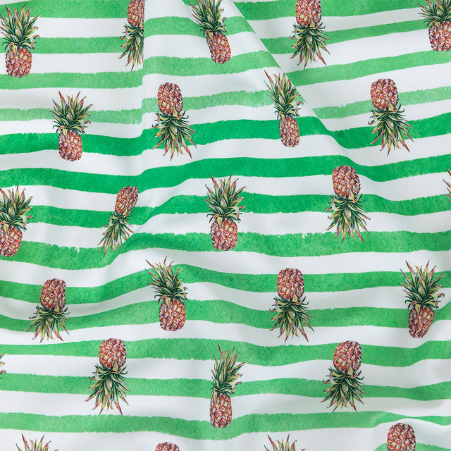 Compression Swimwear Tricot, UV Protective with Aloe Vera Microcapsules - Green and White Painted Stripes and Pineapples - Caye Collection