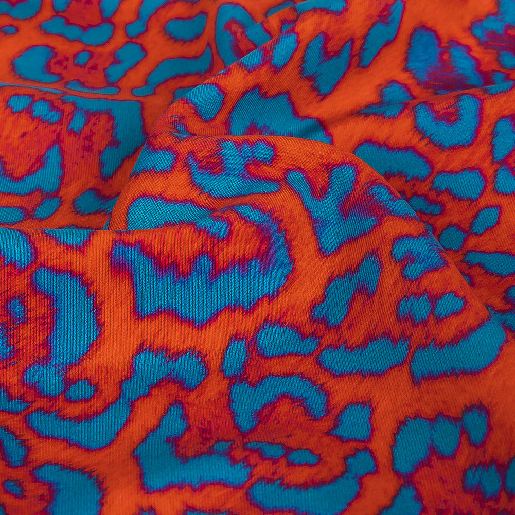 Compression Swimwear Tricot, UV Protective with Aloe Vera Microcapsules - Fjord Blue and Red Orange Leopard Spots - Caye Collection - Detail