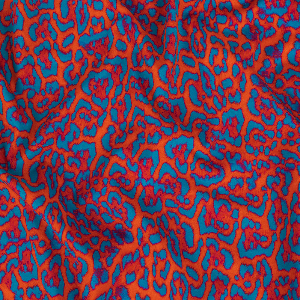 Compression Swimwear Tricot, UV Protective with Aloe Vera Microcapsules - Fjord Blue and Red Orange Leopard Spots - Caye Collection