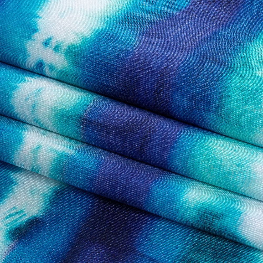 Compression Swimwear Tricot, UV Protective with Aloe Vera Microcapsules - Deep Ultramarine, Teal and White Tie Dye Stripes - Caye Collection - Folded