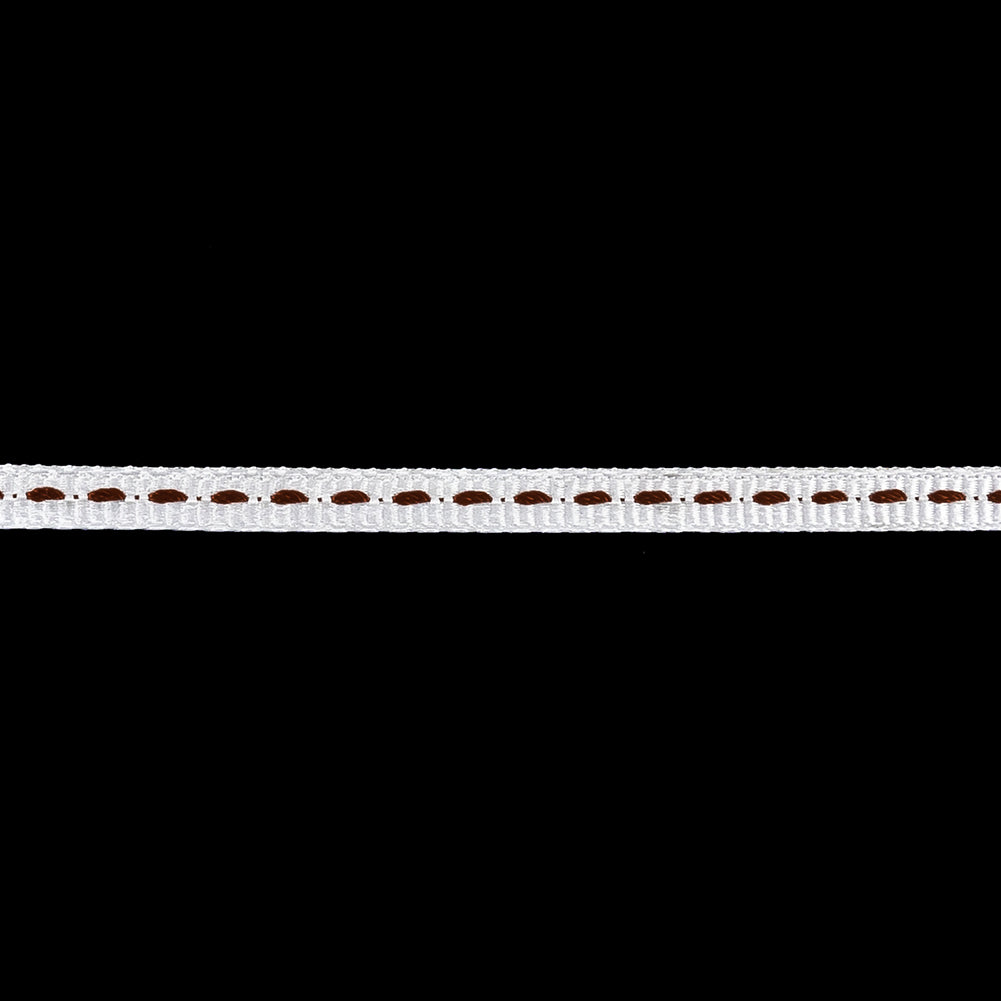 White Grosgrain Ribbon with Brown Stitching - 0.25" Detail
