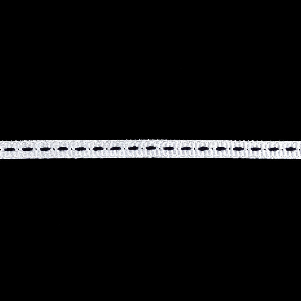 White Grosgrain Ribbon with Navy Stitching - 0.25" Detail