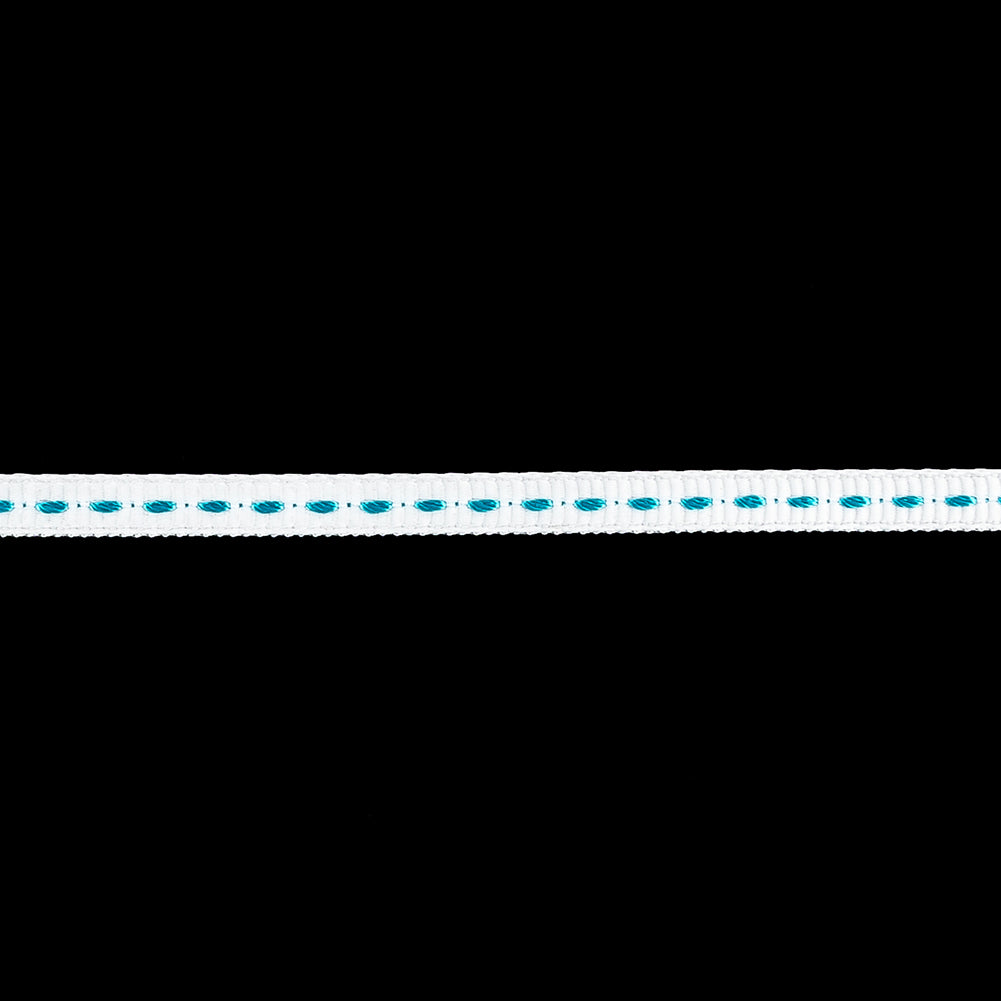 White Grosgrain Ribbon with Turquoise Stitching - 0.25" Detail