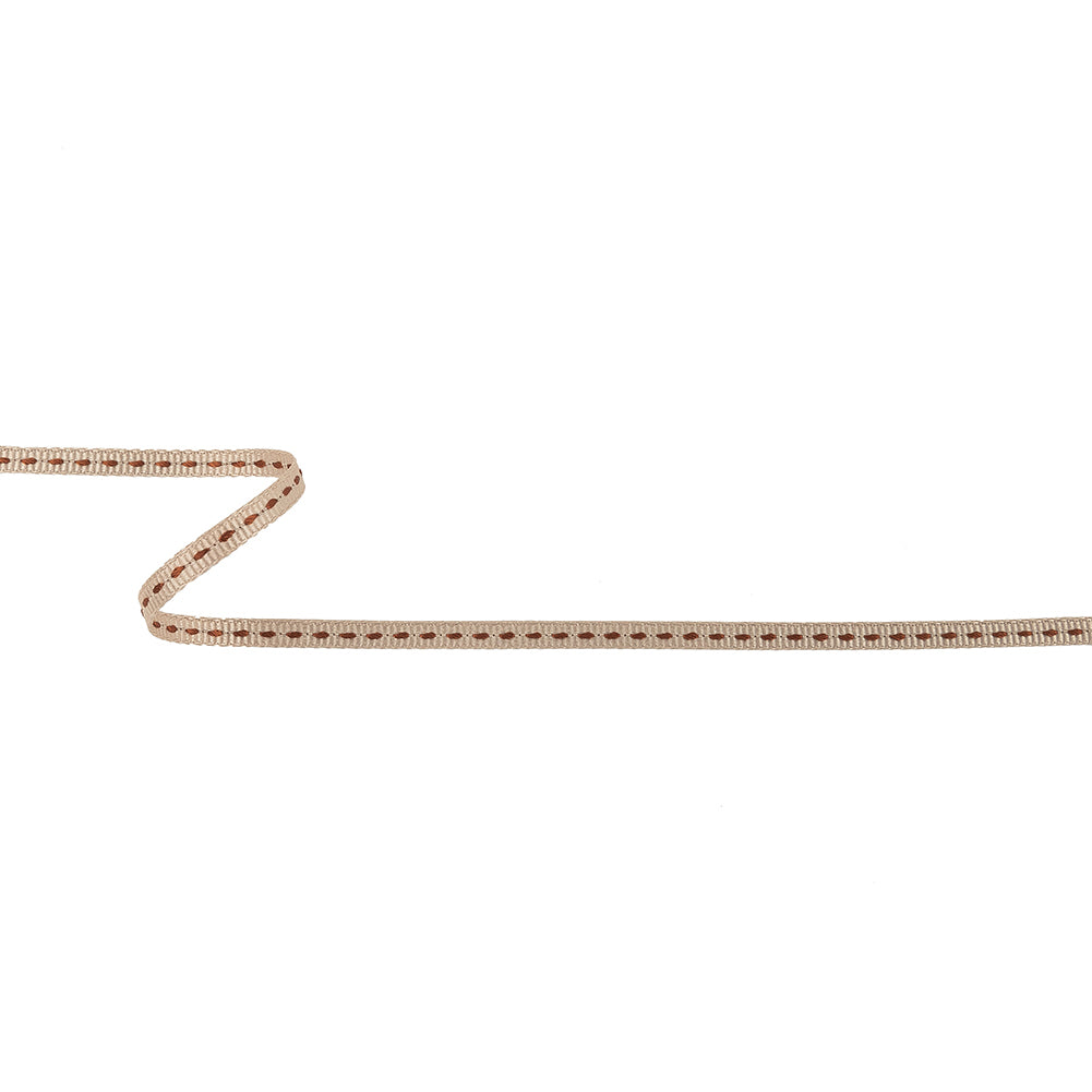 Tan Grosgrain Ribbon with Brown Stitching - 0.25"