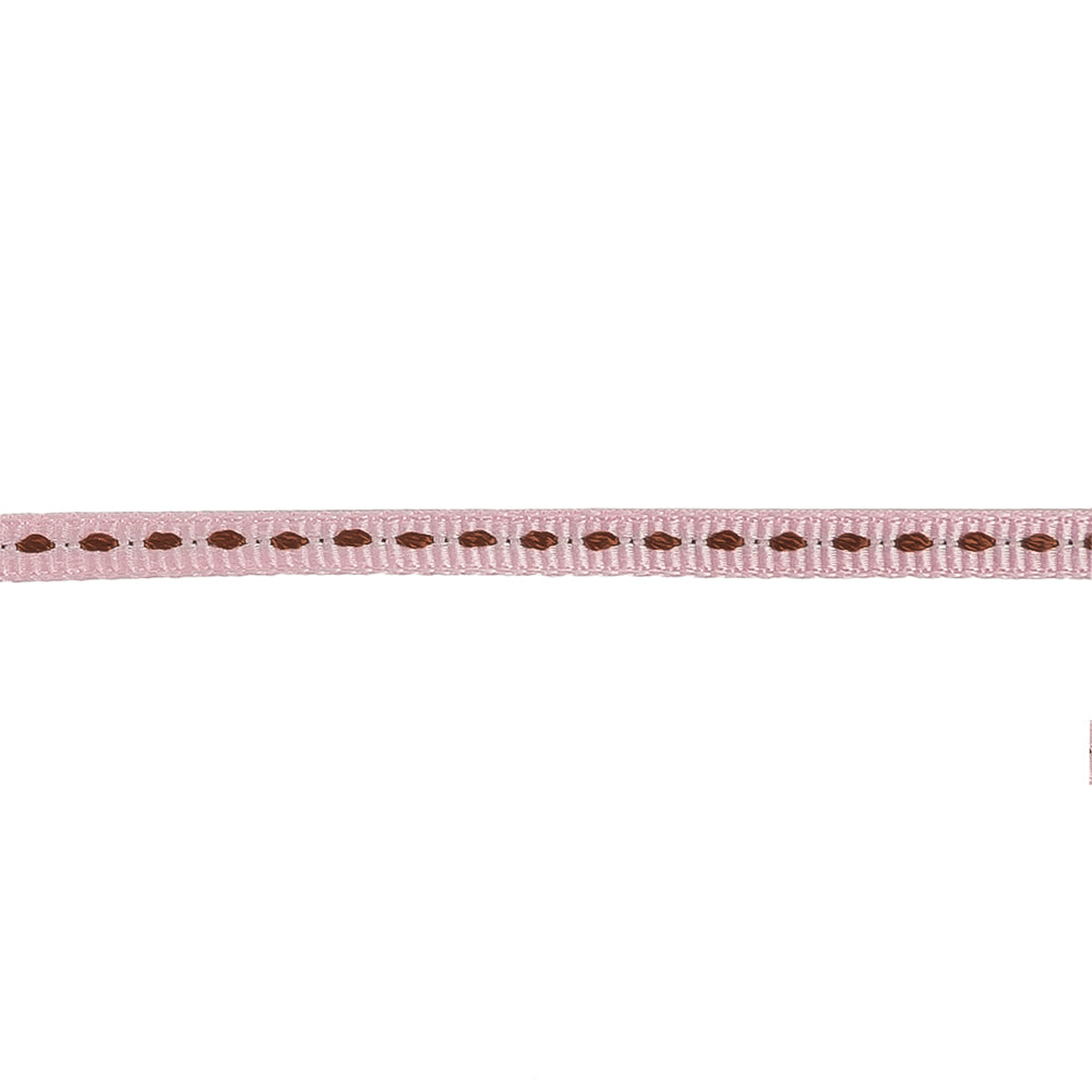 Baby Pink Grosgrain Ribbon with Brown Stitching - 0.25" Detail