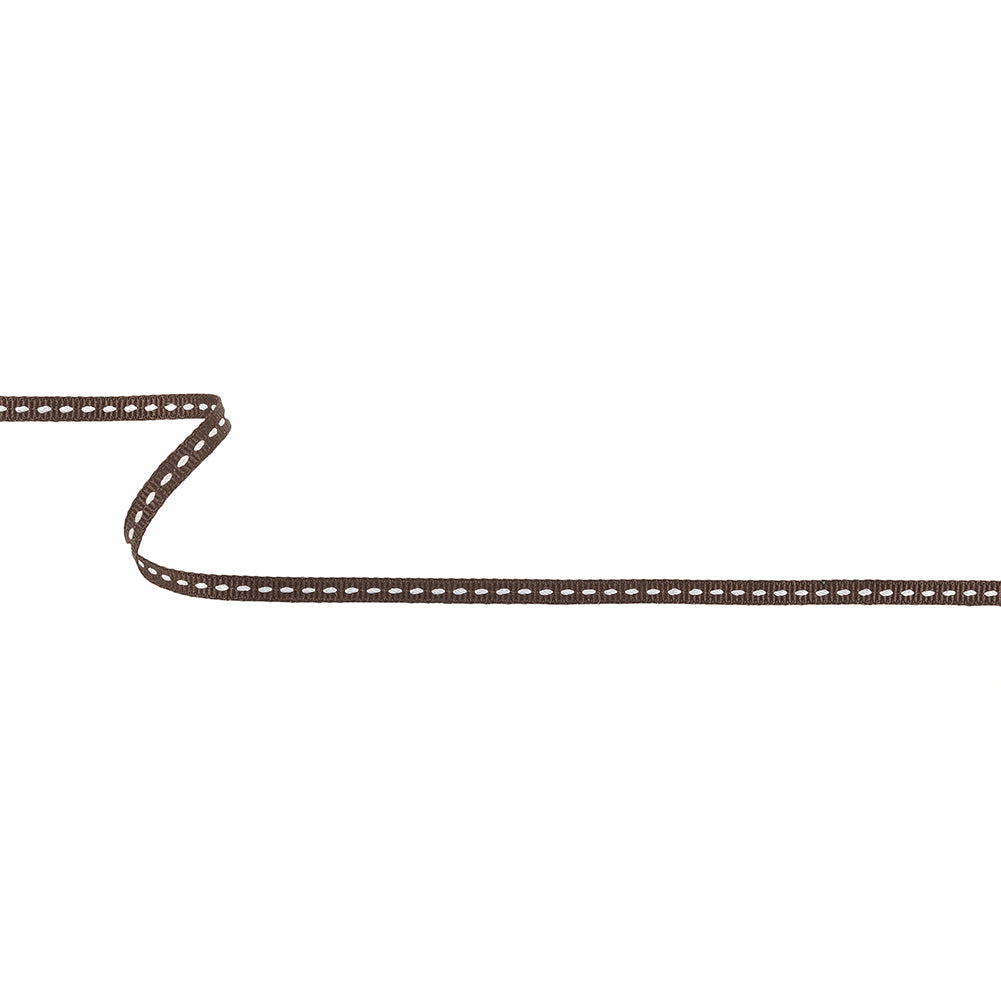 Brown Grosgrain Ribbon with Lucent White Stitching - 0.25"