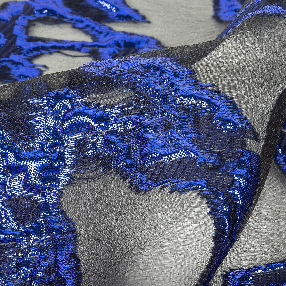 Mood Exclusive Metallic Magnetic Blue and Black Mineral Veins Luxury Burnout Brocade Detail