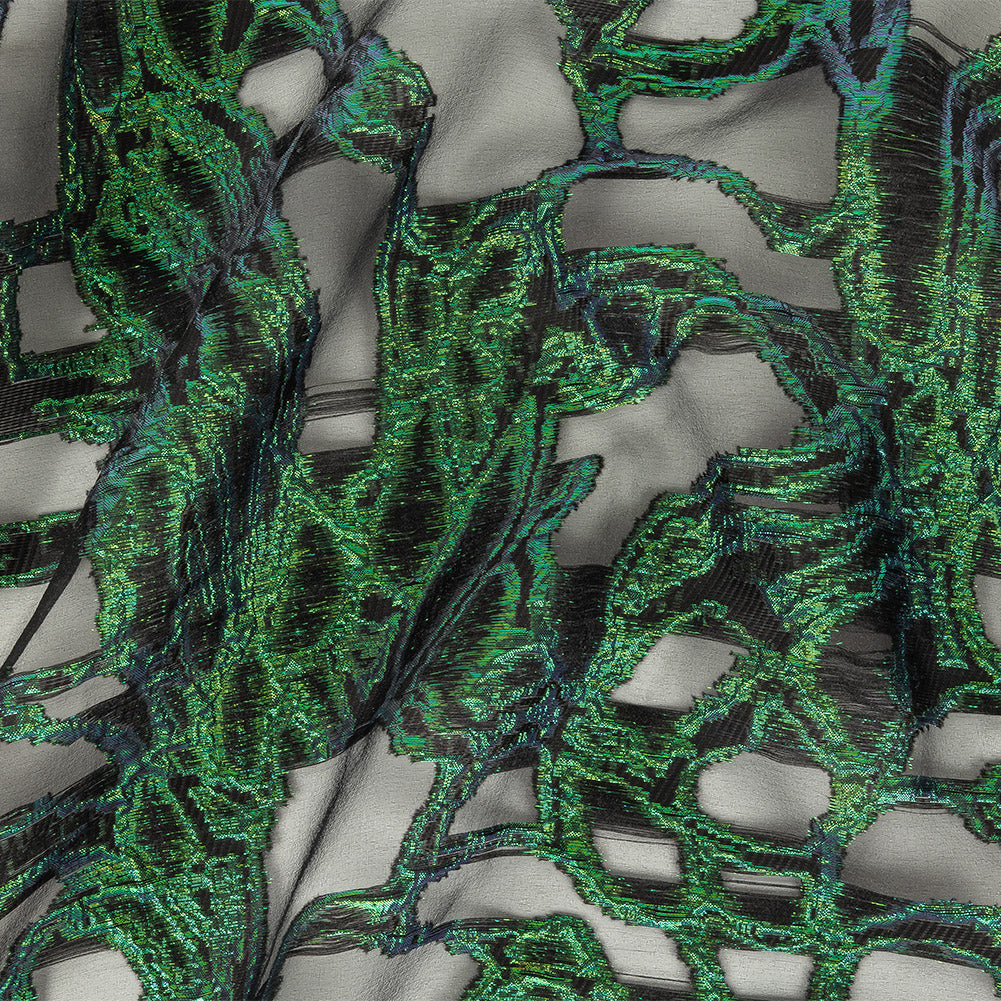Mood Exclusive Metallic Iridescent Green and Black Mineral Veins Luxury Burnout Brocade