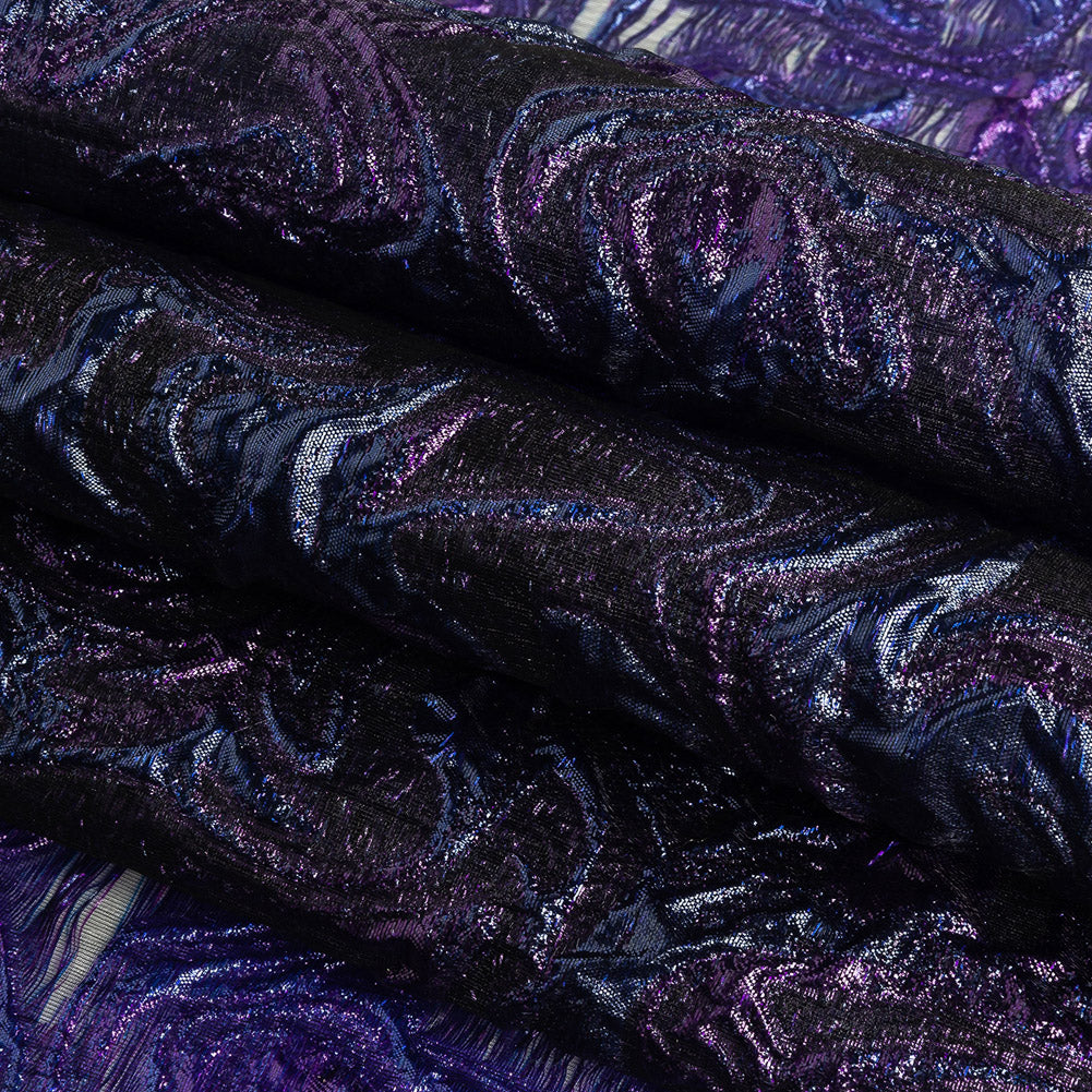 Mood Exclusive Metallic Purple and Navy Swirls Sheer Organza Luxury Brocade Folded