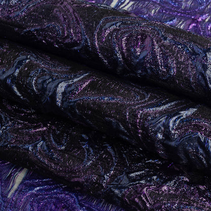 Mood Exclusive Metallic Purple and Navy Swirls Sheer Organza Luxury Brocade Folded