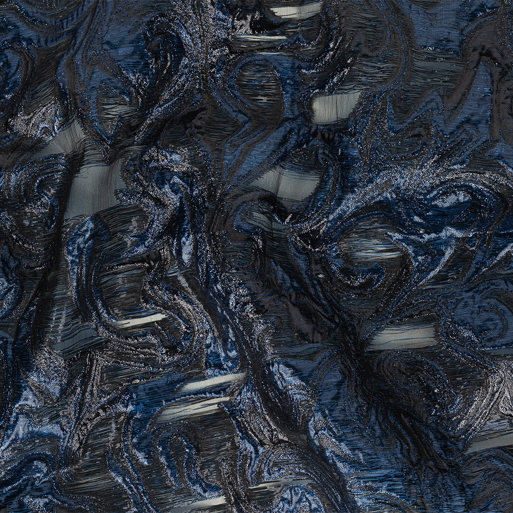 Mood Exclusive Metallic Navy and Black Swirls Sheer Organza Luxury Brocade