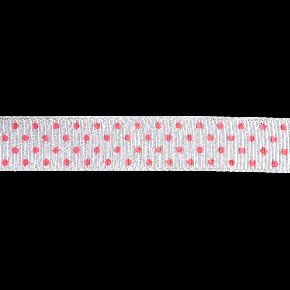 Bright White and Pink Carnation Polka Dots Grosgrain Ribbon - 0.625" Detail