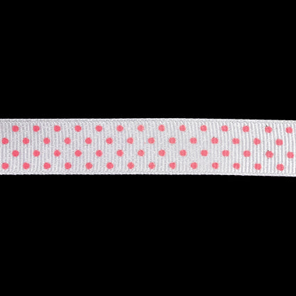 Bright White and Pink Carnation Polka Dots Grosgrain Ribbon - 0.625" Detail