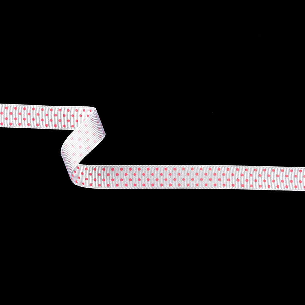 Bright White and Pink Carnation Polka Dots Grosgrain Ribbon - 0.625"