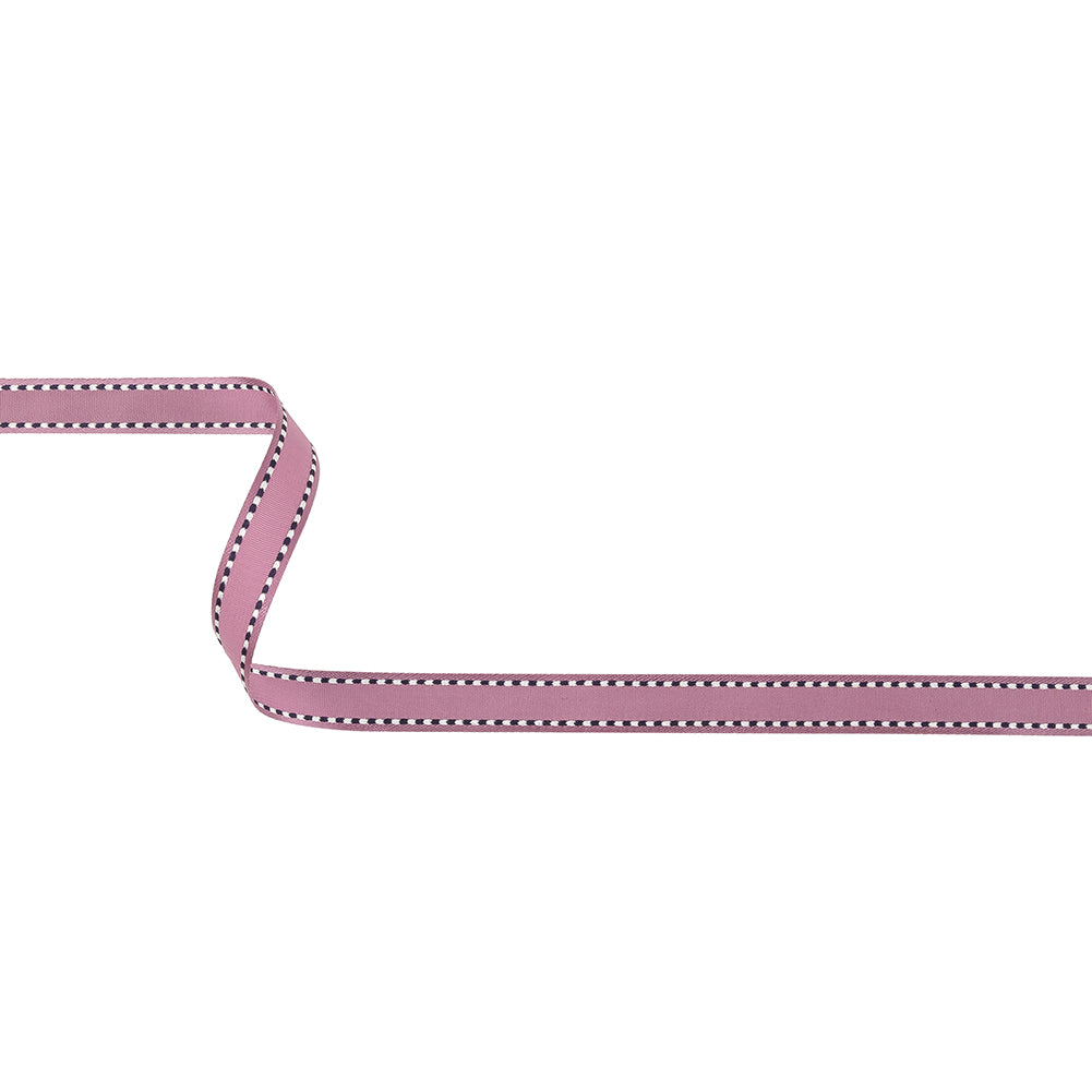 Purple Woven Ribbon with Navy and White Stitched Border - 0.375"
