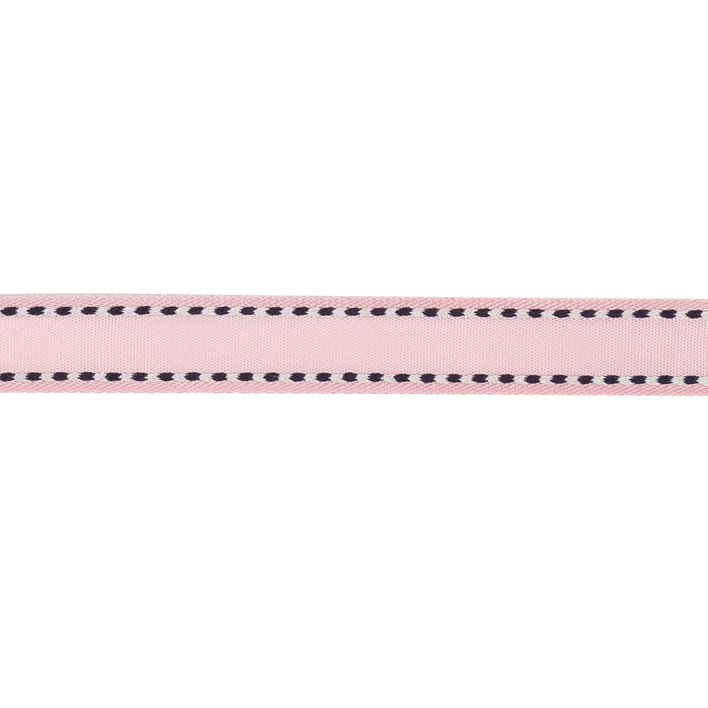 Baby Pink Woven Ribbon with Navy and White Stitched Border - 0.375" Detail